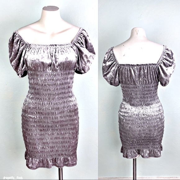 Vintage Dresses & Skirts - Silver Velvet Victorian Mini Dress Holiday Vintage Ruched Puff Sleeves Small